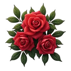 Naklejka premium Crimson Trio: A captivating depiction of three vibrant red roses, their velvety petals in full bloom, arranged artfully amidst verdant green leaves. A classic symbol of romance, passion, and beauty.