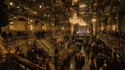 Elegant gala event in a lavish ballroom with guests mingling, chandeliers, and festive decor