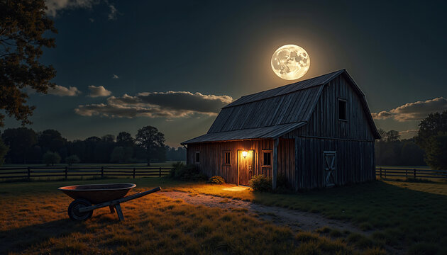 Rustic barn illuminated at night under a full moon with wheelbarrow