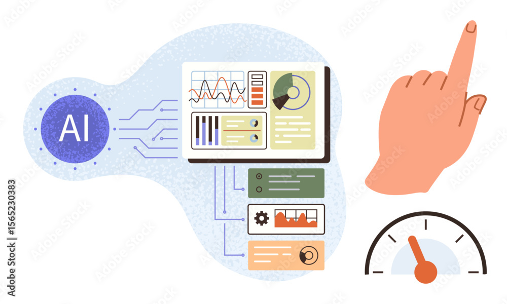 Poster interactive ai dashboard showing charts, graphs, and controls, connected to a hand gesture and gauge