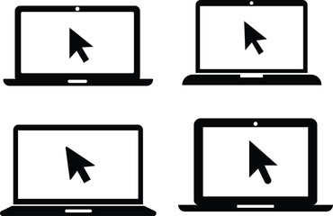 Laptop computers with cursor icons in a simple black and white design