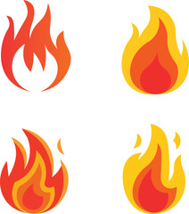 Set of four stylized fire flames in orange and yellow colors