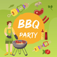 BBQ party banner, man grilling sausages and meat. Skewers, sauces, and vegetables. For summer cookout, food festival promotions.