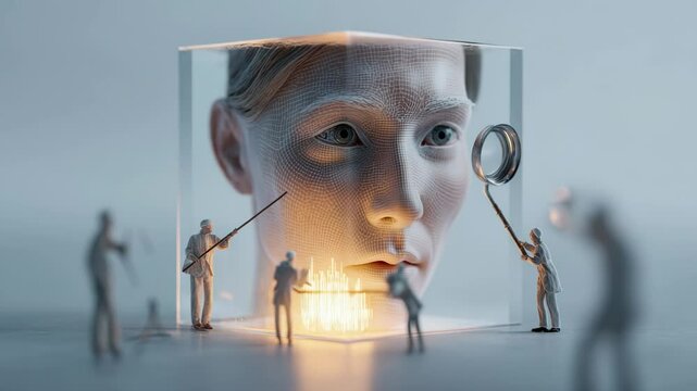 In a unique artistic display, tiny figures examine a translucent cube revealing intricate details of a human face, sparking curiosity and wonder.