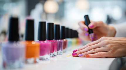 Close-up of colorful nail polish bottles and painted nails, beauty and fashion concept, vibrant shades, manicure essentials, stylish and trendy nail art.