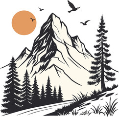 Vintage Mountain Landscape with Birds and Sun – Wilderness Vector Illustration