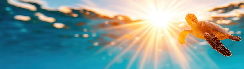 A serene underwater scene features a turtle swimming gracefully towards the surface, illuminated by warm sunlight, This image is perfect for eco-tourism, marine conservation
