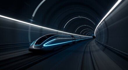 Futuristic train speeding through a neon-lit tunnel, showcasing advanced transportation technology