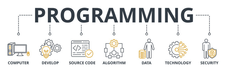 Programming web banner icons Vector illustration concept of with keywords computer, develop, source code, algorithm, data, technology and security