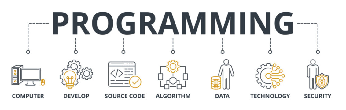 Programming web banner icons Vector illustration concept of with keywords computer, develop, source code, algorithm, data, technology and security