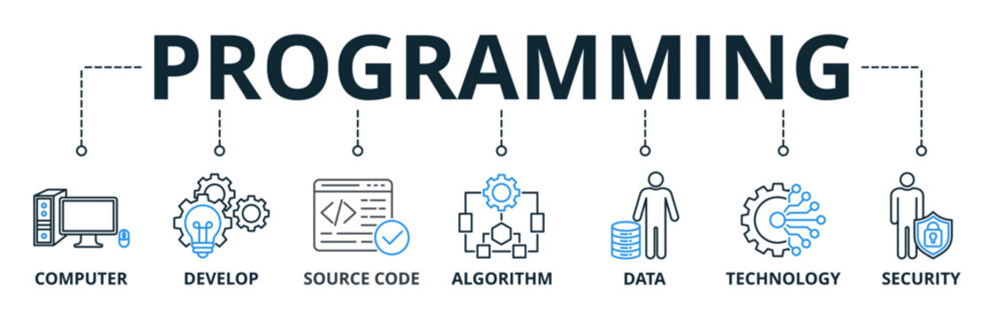 Programming web banner icons Vector illustration concept of with keywords computer, develop, source code, algorithm, data, technology and security