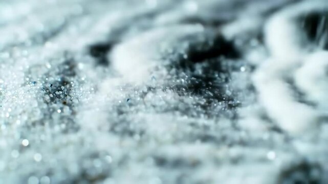 Mesmerizing extreme close-up of shimmering white sand vibrating and forming complex patterns from sound waves