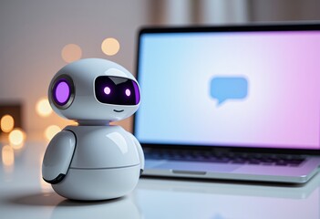 Small friendly robot with glowing purple eyes next to a laptop displaying a chat bubble