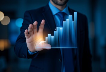 Businessman touching a glowing blue digital bar graph showing upward trend