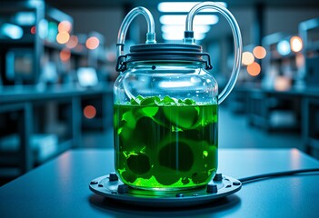 Large glass jar containing green liquid and floating organic matter connected by tubes