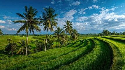 Lush Green Rice Terraces with Palm Trees Under a Blue Sky


