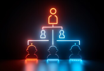 Neon lights form a hierarchical organizational structure with glowing human figures on a dark background