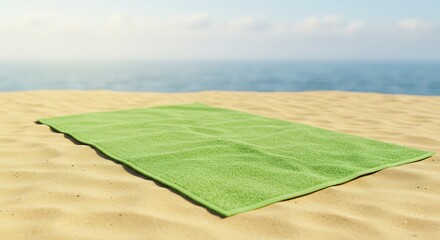 Laying Green Towel on Sandy Beach with Ocean View