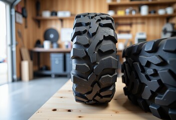 Heavy duty off road tires with deep tread patterns displayed on a wooden surface inside a garage