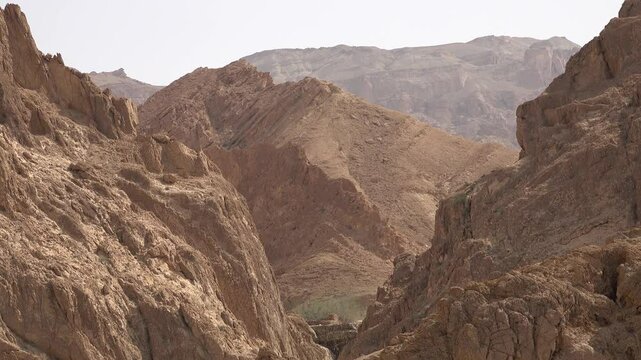 Stark mountain scenery in canyon of Chebika, a small village in the outliers of the Atlas mountains in Tunisia
