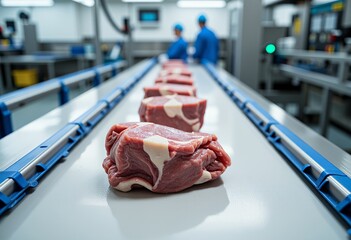 Fresh raw beef cuts on a conveyor belt in a processing plant with workers in the background