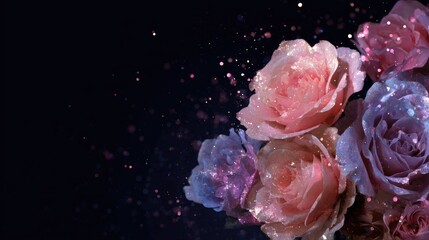 A beautiful  pink flower with the glitter on the black background 