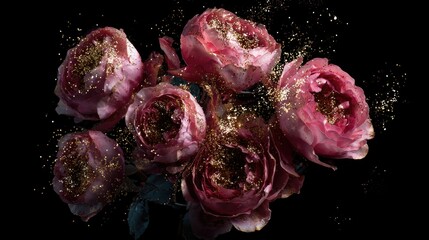 A beautiful  pink flower with the glitter on the black background 