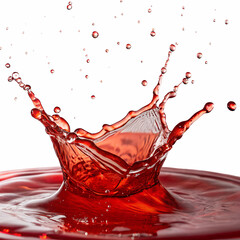 A splash of red liquid creates a crown shape against a black background. Water droplets scatter around the splash, emphasizing the motion and fluidity.