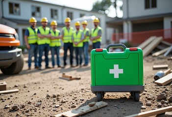 A green first aid kit with a white cross sits prominently on a construction site with workers in the background