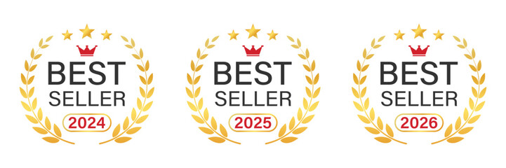 Best seller icons. Golden badge for best selling award 2024, 2025 and 2026 with laurel wreath, crown and stars. Transparent PNG and vector illustration.