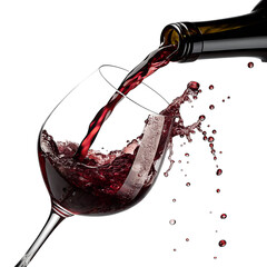 Red wine being poured into a glass, creating splashes. The background is black, emphasizing the rich color of the wine and the elegance of the glass.