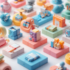 Fototapeta premium Pastel Color Isometric Toy Gadget and Tool Collection Digital Render