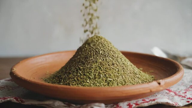Zaatar spices, close-up of aromatic herbs and spices, rich earthy tones, shot in a warm

