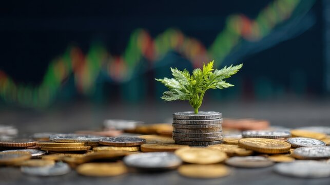 Lush green sprout rising from assorted currency coins juxtaposed with dynamic market trends portraying the synergy between environmental growth and economic advancement in a modern