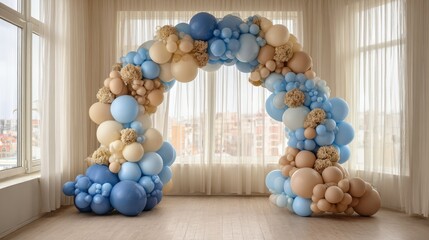 Celebration party banner with Blue white and gold color balloons background 