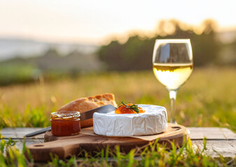 fromage, confiture ,pain et verre de vin