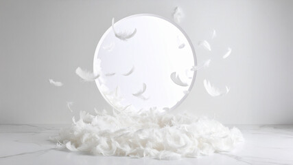 A whimsical still life featuring fluffy white feathers floating and accumulating in a soft pile, illuminated by a large circular opening of light in a serene white room.
