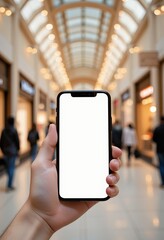 Hand holding a modern smartphone with a blank screen in a shopping mall