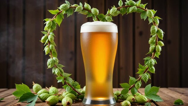 Golden beer glass framed by fresh hop vine in heart shape, craft brewing love