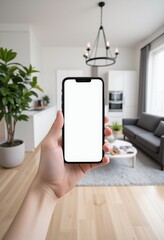 Hand holding modern smartphone with blank white screen in a bright living room