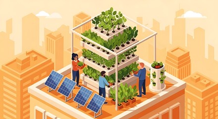 People Cultivating Rooftop Garden with Solar Panels in Urban Cityscape