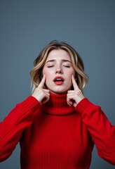 Young woman with eyes closed fingers on cheeks wearing red turtleneck sweater
