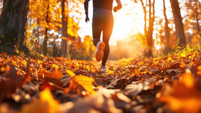 Athletic man in black gear sprints through vibrant autumn forest with glowing leaves and dynamic motion in the crisp morning air - Powered by Adobe