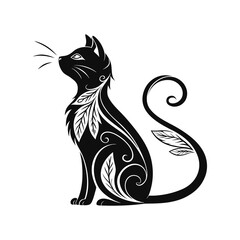 Elegant Tribal Cat Illustration with Floral Pattern – Decorative Animal Line Art Design .