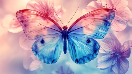 Butterfly with gradient facet wings, abstract floral background