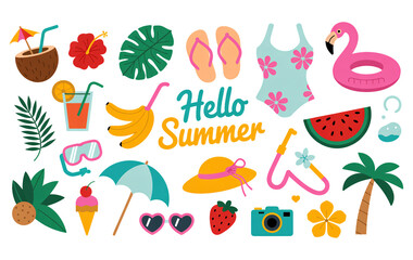 Enjoy summer vibes with vibrant vector icons featuring tropical fruits, flamingo float, and beach accessories on a transparent background.