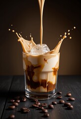 Creamy coffee beverage splashing onto ice cube in a glass with coffee beans scattered on dark wooden surface