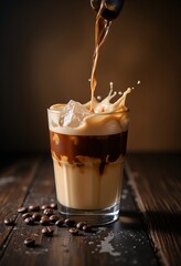 Iced coffee drink with cream and ice cubes splashing as liquid is poured in coffee beans scattered on rustic wood