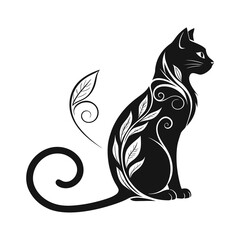 Elegant Tribal Cat Illustration with Floral Pattern – Decorative Animal Line Art Design .