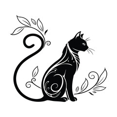 Elegant Tribal Cat Illustration with Floral Pattern – Decorative Animal Line Art Design .